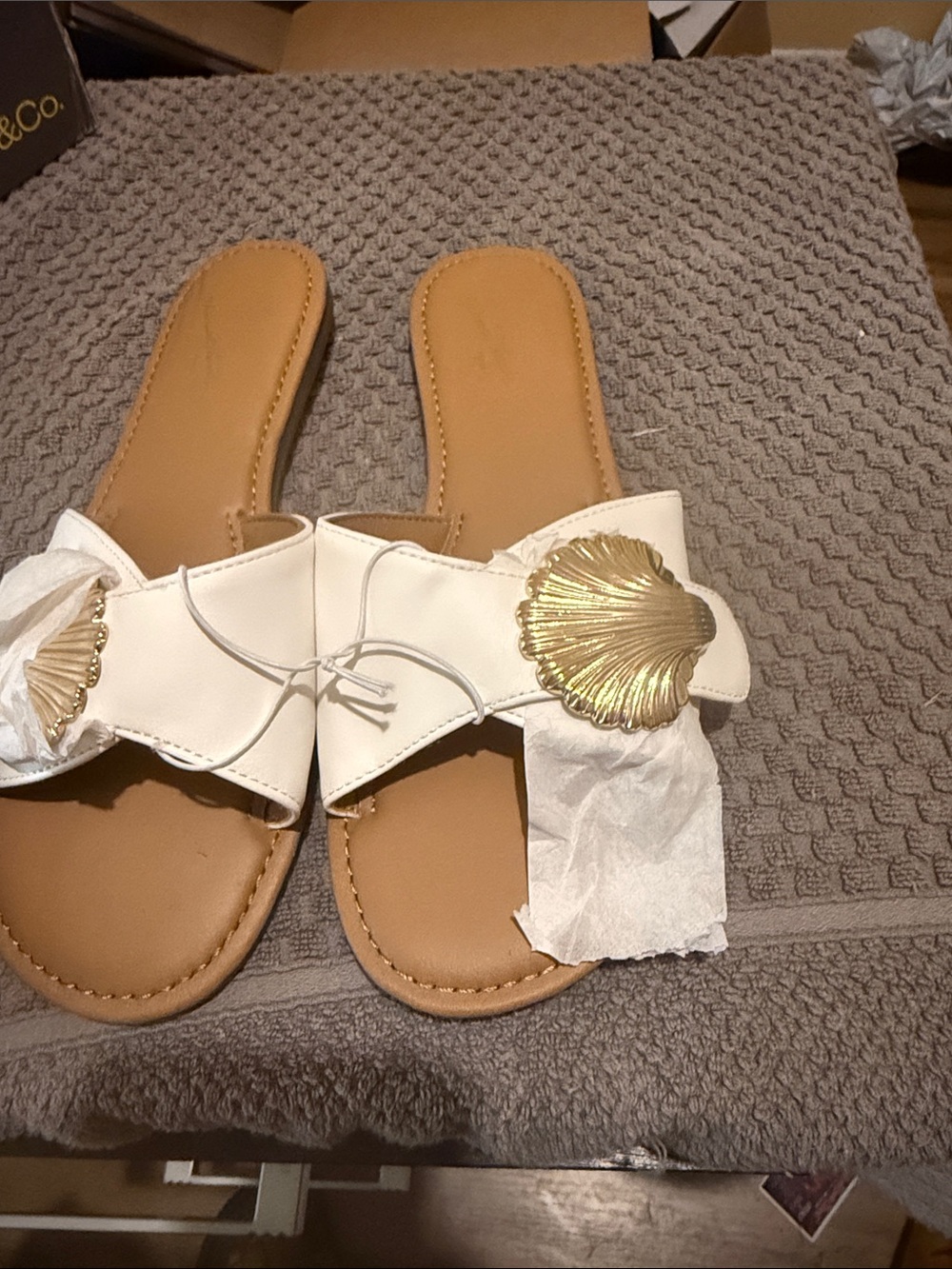 a new day White Slide Sandals with Gold Shell Accent Style and company